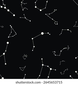 Padrão vetorial contínuo de estrelas de constelações conectadas contra um fundo escuro, uma rede celeste perfeita para temas de espaço e astronomia