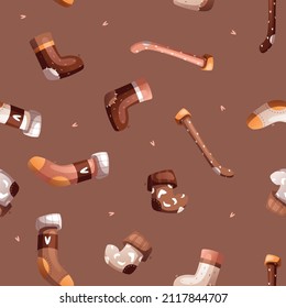 Seamless vector pattern consisting of cute winter warm socks with different styles and prints. Brown background.