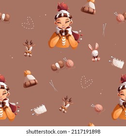 Seamless vector pattern consisting of a girl with blonde hair who is fond of knitting children's toys and clothes.