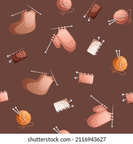 Seamless vector pattern consisting of knitting attributes such as yarn, knitted sock, knitted mittens, knitting needles.