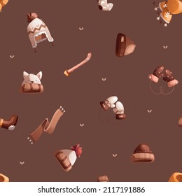 Seamless vector pattern consisting of winter children's clothing such as hats, scarves, socks, mittens. Brown background.