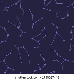 Seamless vector pattern with constellations. Astronomical zodiac illustration.  Dark blue background