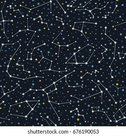 Seamless vector pattern with constellations and colored stars of various sizes on dark background. Sky map. Andromeda, Lacerta, Cygnus, Lyra, Hercules, Draco, Camelopardalis, Perseus, Cassiopeia 2.1