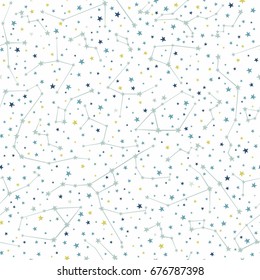 Seamless vector pattern with constellations and colored stars of various sizes on white background. Sky map. Andromeda, Lacerta, Cygnus, Lyra, Hercules, Draco, Camelopardalis, Perseus, Cassiopeia 2.1