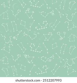Seamless vector pattern of constellations on a mint green background. Ideal for celestial-themed designs, wallpapers, fabrics, and more.