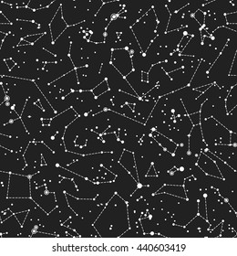 Nahtlose Vektorgrafik mit Sternbildern auf schwarzem Hintergrund. Astronomisches wissenschaftliches Schulnahtloses Muster auf schwarzem Hintergrund