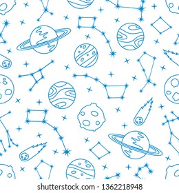 Seamless vector pattern with constellations, planets, Saturn, comet. Space exploration. Astronomy. Science. Design for astronomy apps, websites, print.