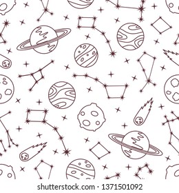 Seamless vector pattern with constellations, planets, Saturn, comet. Space exploration. Astronomy. Science. Design for astronomy apps, websites, print.