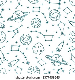 Seamless vector pattern with constellations, planets, Saturn, comet. Space exploration. Astronomy. Science. Design for astronomy apps, websites, print.