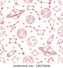 Seamless vector pattern with constellations, planets, Saturn, comet. Space exploration. Astronomy. Science. Design for astronomy apps, websites, print.