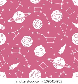 Seamless vector pattern with constellations, planets, Saturn, comet. Space exploration. Astronomy. Science. Design for astronomy apps, websites, print.