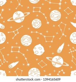 Seamless vector pattern with constellations, planets, Saturn, comet. Space exploration. Astronomy. Science. Design for astronomy apps, websites, print.