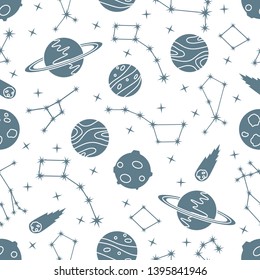 Seamless vector pattern with constellations, planets, Saturn, comet. Space exploration. Astronomy. Science. Design for astronomy apps, websites, print.
