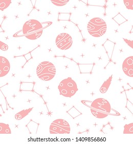 Seamless vector pattern with constellations, planets, Saturn, comet. Space exploration. Astronomy. Science. Design for astronomy apps, websites, print.