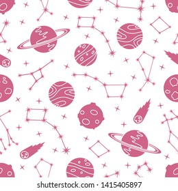 Seamless vector pattern with constellations, planets, Saturn, comet. Space exploration. Astronomy. Science. Design for astronomy apps, websites, print.