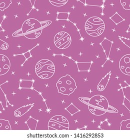 Seamless vector pattern with constellations, planets, Saturn, comet. Space exploration. Astronomy. Science. Design for astronomy apps, websites, print.