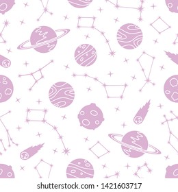 Seamless vector pattern with constellations, planets, Saturn, comet. Space exploration. Astronomy. Science. Design for astronomy apps, websites, print.