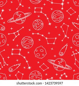 Seamless vector pattern with constellations, planets, Saturn, comet. Space exploration. Astronomy. Science. Design for astronomy apps, websites, print.