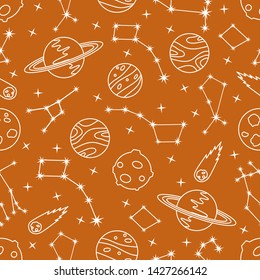 Seamless vector pattern with constellations, planets, Saturn, comet. Space exploration. Astronomy. Science. Design for astronomy apps, websites, print.