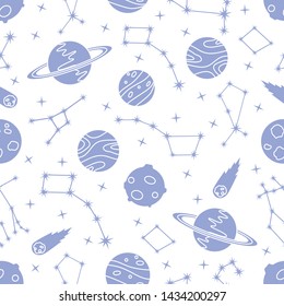 Seamless vector pattern with constellations, planets, Saturn, comet. Space exploration. Astronomy. Science. Design for astronomy apps, websites, print.