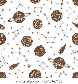 Seamless vector pattern with constellations, planets, Saturn, comet. Space exploration. Astronomy. Science. Design for astronomy apps, websites, print.