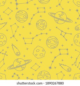 Seamless vector pattern with constellations, planets, Saturn, comet. Space exploration. Astronomy. Science. Design for astronomy apps, websites, print. Illuminating and Ultimate Gray.