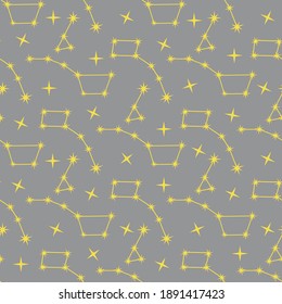 Seamless vector pattern with constellations. Space exploration. Astronomy. Science. Design for astronomy apps, websites, print. Illuminating and Ultimate Gray.