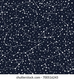 Seamless vector pattern with constellations and white stars of various sizes on dark background. Sky map. Andromeda, Lacerta, Cygnus, Lyra, Hercules, Draco, Camelopardalis, Perseus, Cassiopeia 1.1