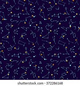 Seamless vector pattern with constellations. zodiac signs and gold stars