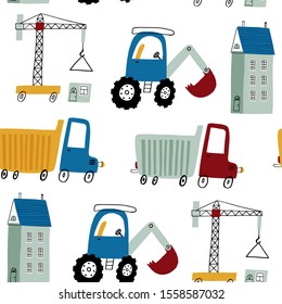 Seamless vector pattern with construction vehicles for typography poster, card, label, brochure, flyer, page, banner design. Vector illustration background in blue, yellow and red.