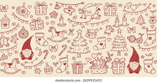 Seamless vector pattern with contemporary minimalist line art christmas holidays elements. Hand drawn candles, decorations, gifts, drinks doodles on wide background