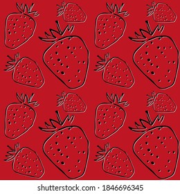 Seamless vector pattern with contour 3D strawberry isolated on a red background. Voluminous black outline of a sweet berry. For fabric, cover and background.