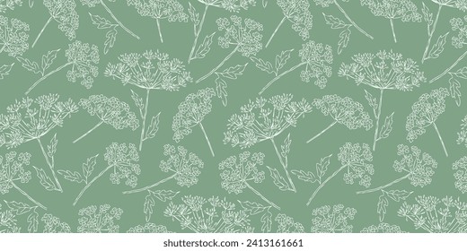 Seamless vector pattern of contour drawings blooming wildflowers umbrella plants, background for textile, paper,wallpaper