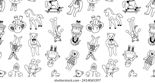 Seamless vector pattern of contour drawings different old stuffed toys, background for paper,textile