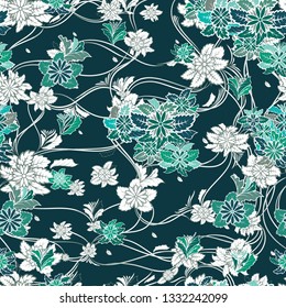 Seamless vector pattern with contour flowers on a dark blue background.