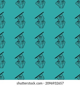 Seamless vector pattern of contour houses in doodle style on a green background.