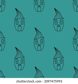 Seamless vector pattern of contour houses in doodle style on a green background.