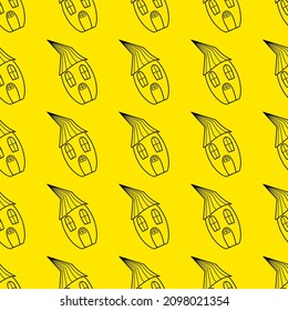 Nahtlose Vektormuster von Konturhäusern im Stil von Doodle auf gelbem Hintergrund.