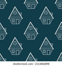 Seamless vector pattern of contour houses in doodle style on a green background.