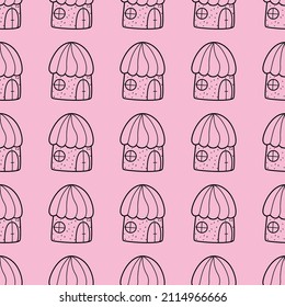 Seamless vector pattern of contour houses in doodle style on pink background.