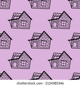 Seamless vector pattern of contour houses in the style of a doodle on a gray background.