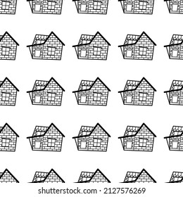 Patrón vectorial sin foco de casas de contorno en estilo doodle sobre un fondo blanco.