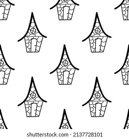 Seamless vector pattern of contour houses in doodle style on a white background. The illustration is used for a magazine, book, poster, postcard, web pages.