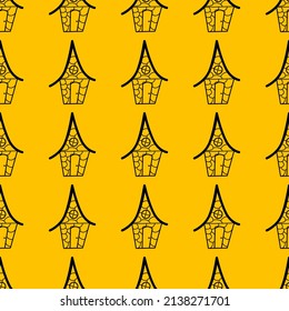 Seamless vector pattern of contour houses in the style of doodle on a yellow background. Illustration is used for magazine, book, poster, postcard, web pages.