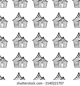 Nahtlose Vektormuster von Konturhäusern im Doodle-Stil auf weißem Hintergrund. Die Illustration wird für Magazine, Bücher, Poster, Postkarten, Webseiten verwendet.