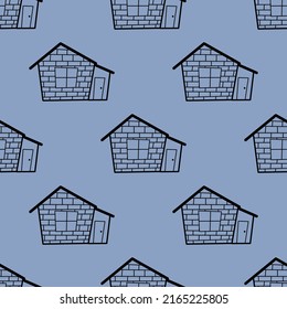 Seamless vector pattern of contour houses in doodle style on a blue background.