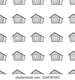 Seamless vector pattern of contour houses in doodle style on a white background.