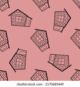 Seamless vector pattern of contour houses in doodle style on pink background.