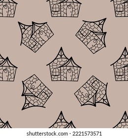 Patrón vectorial sin foco de casas de contorno en estilo doodle sobre fondo beige.