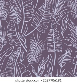 Seamless vector pattern with contour palm leaves